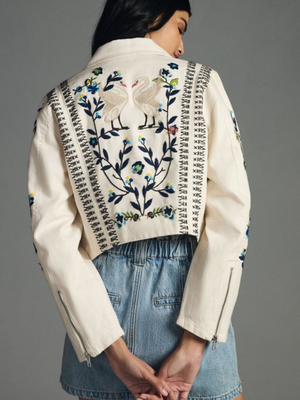 BRAND NEW Anthropologie White Embroidered Moto Jacket, Size Large - Picture 2 of 16